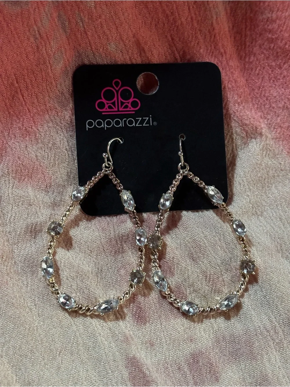 paparazzi Gold-Tone Teardrop Hoop Earrings with Clear Stones